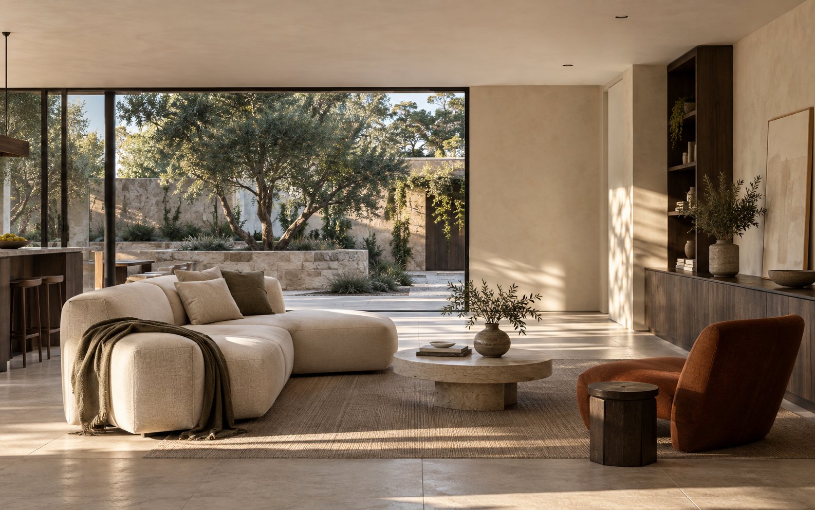 Renovated living room with limestone, dark oak and a sunlit courtyard