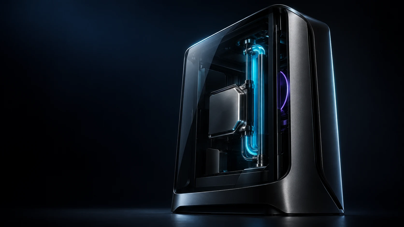 Sculptural custom water-cooled PC design concept in a dark studio