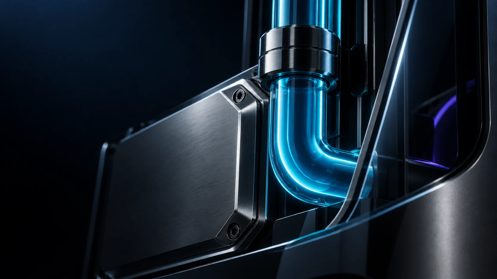 Macro detail of cyan liquid cooling and machined metal