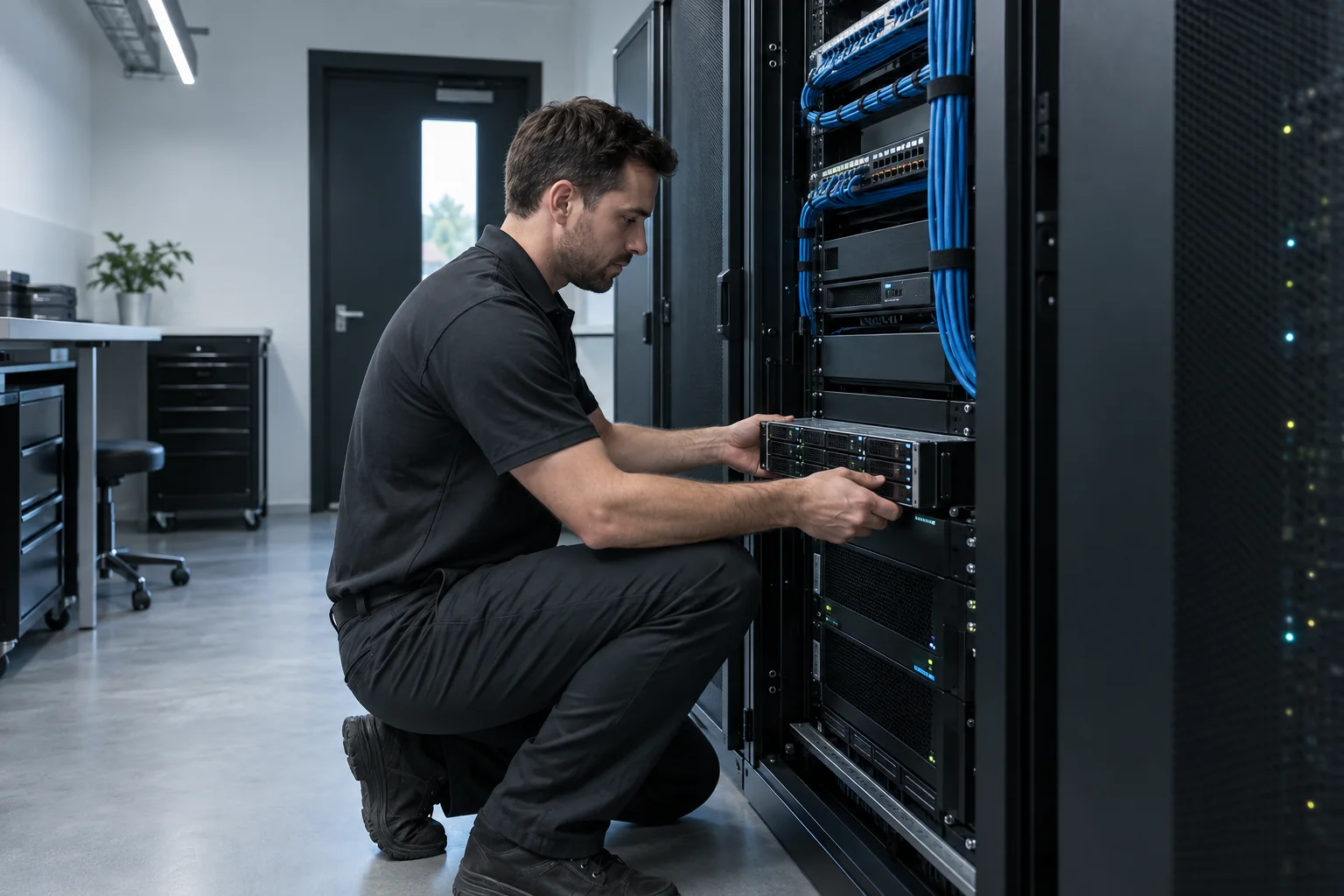 Technician checking business server and backup equipment