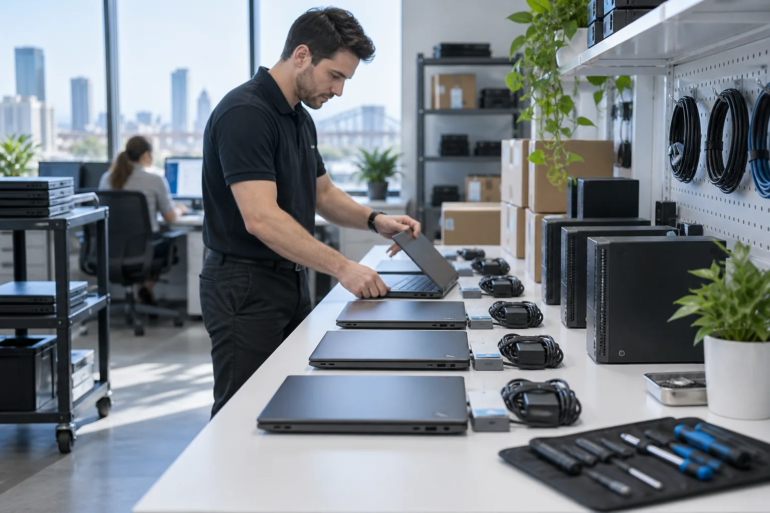 Technician preparing laptops and desktops for business users