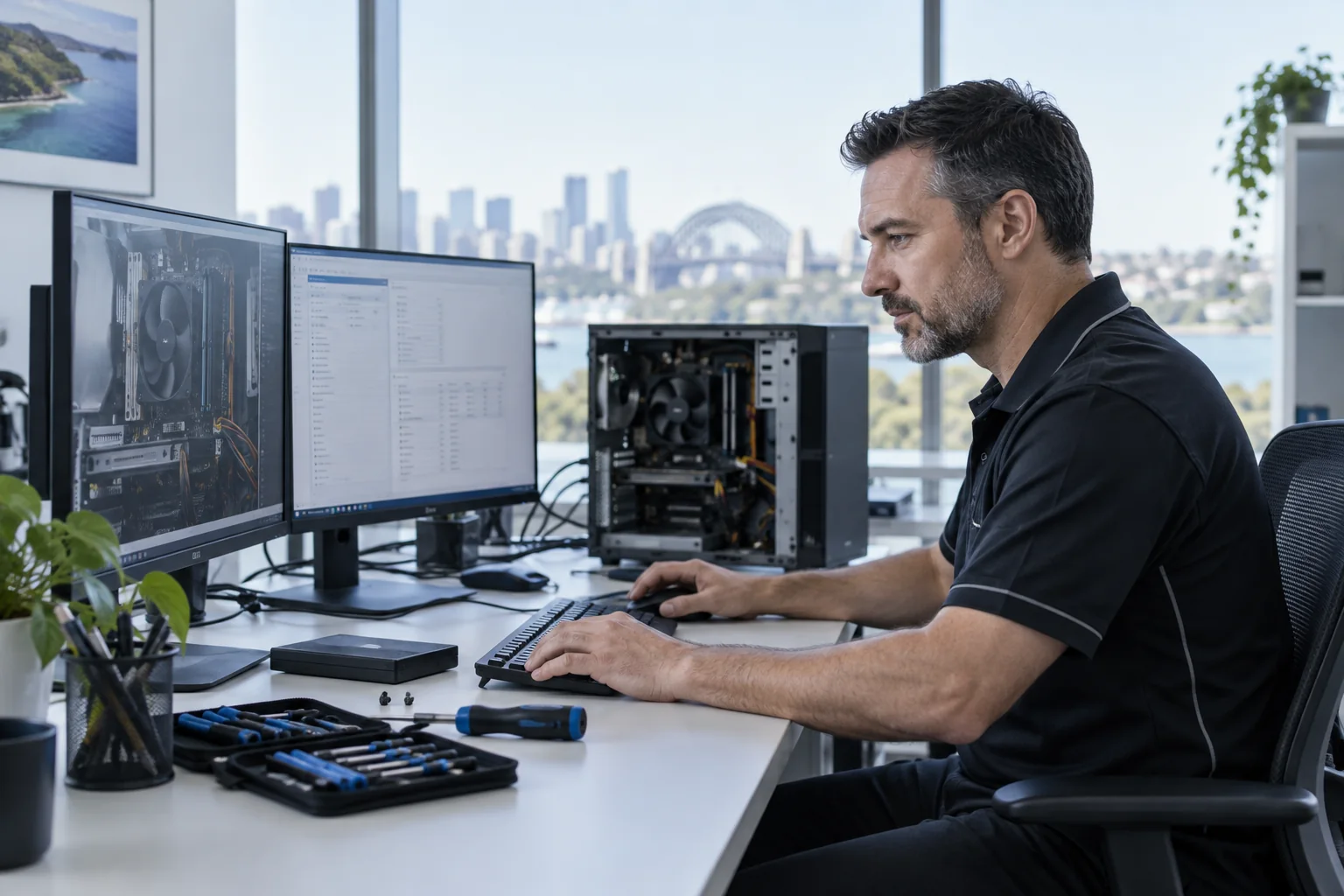 IT technician diagnosing a desktop computer in a modern office