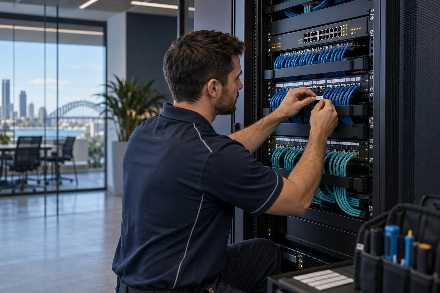 Technician installing switches and patch panels in a business network rack