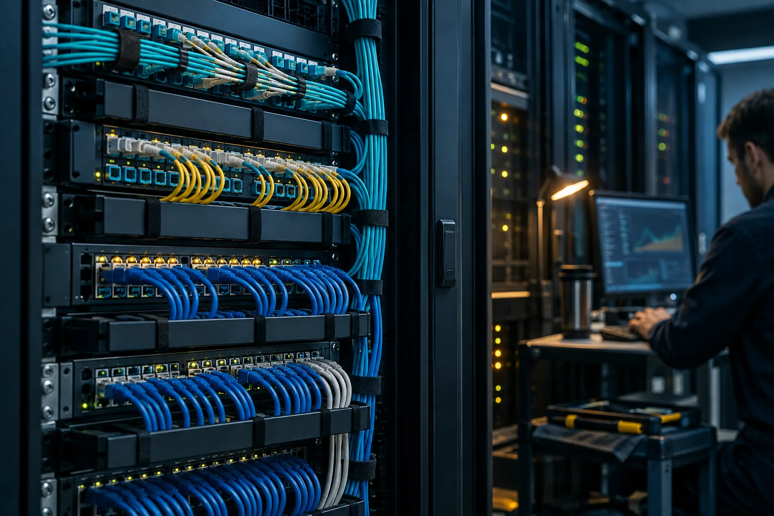 Organised network cabling beside a monitoring workstation