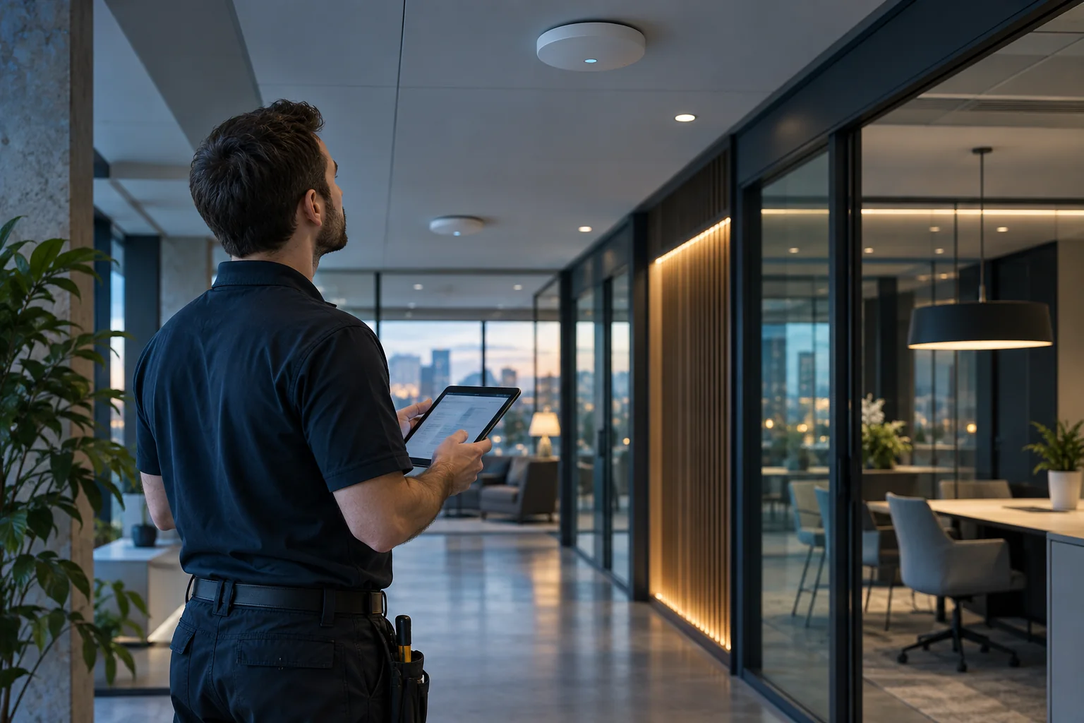 Technician surveying wireless coverage in a modern office